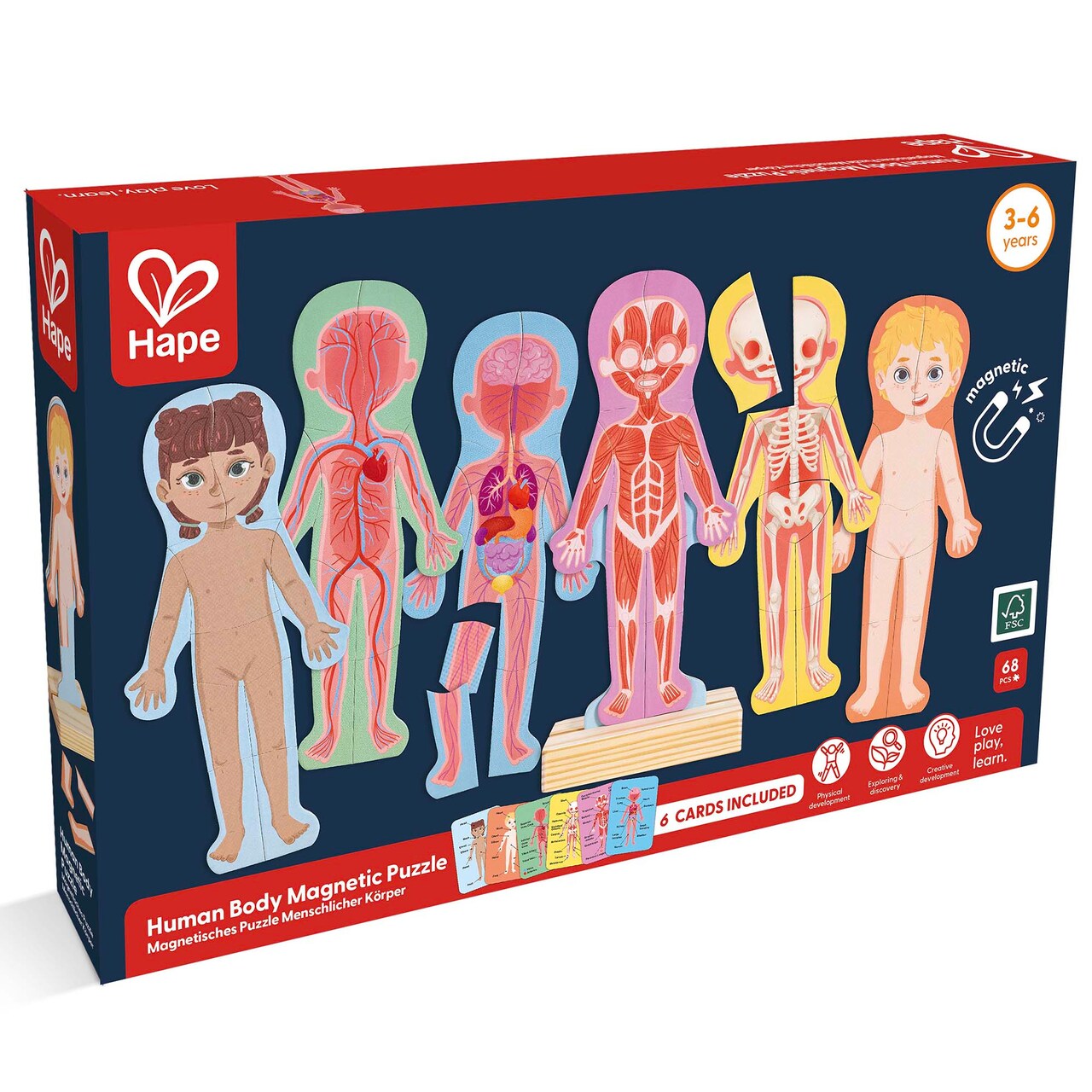 Hape: Human Body Magnetic Puzzle - 68pc - 6 Human Anatomy Cards, Colorful Magnet Jigsaw Pieces, Boy & Girl, Skeleton, Preschool Learning, Kids Ages 3+